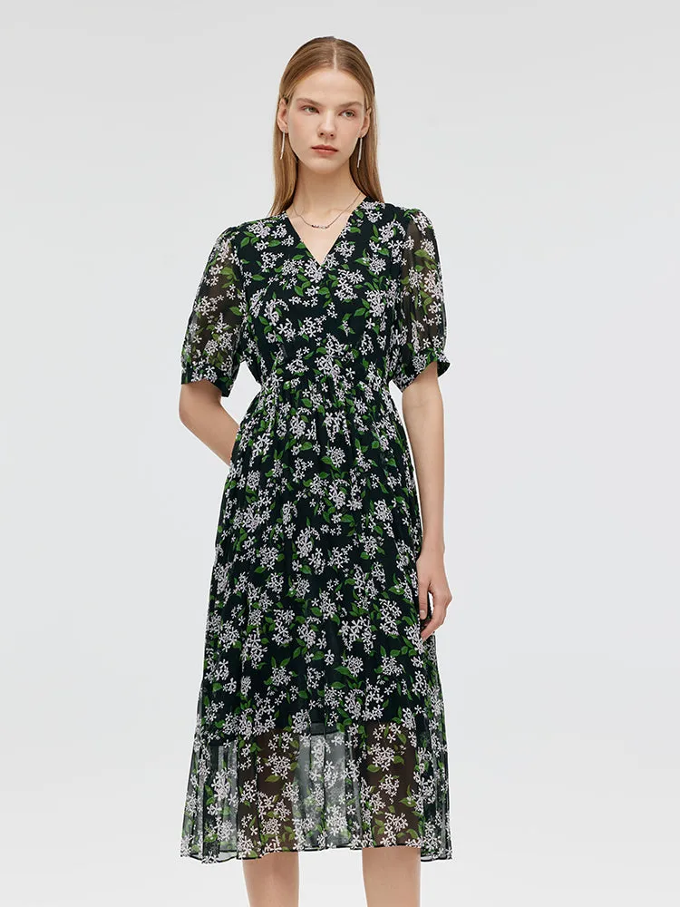 10 Momme Mulberry Silk Floral Printed Women Midi Dress