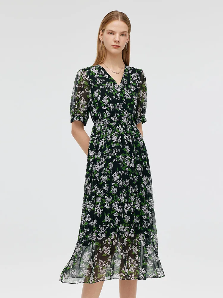 10 Momme Mulberry Silk Floral Printed Women Midi Dress