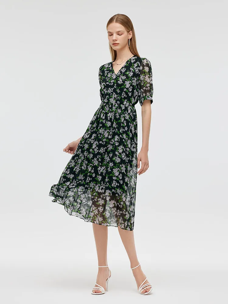 10 Momme Mulberry Silk Floral Printed Women Midi Dress