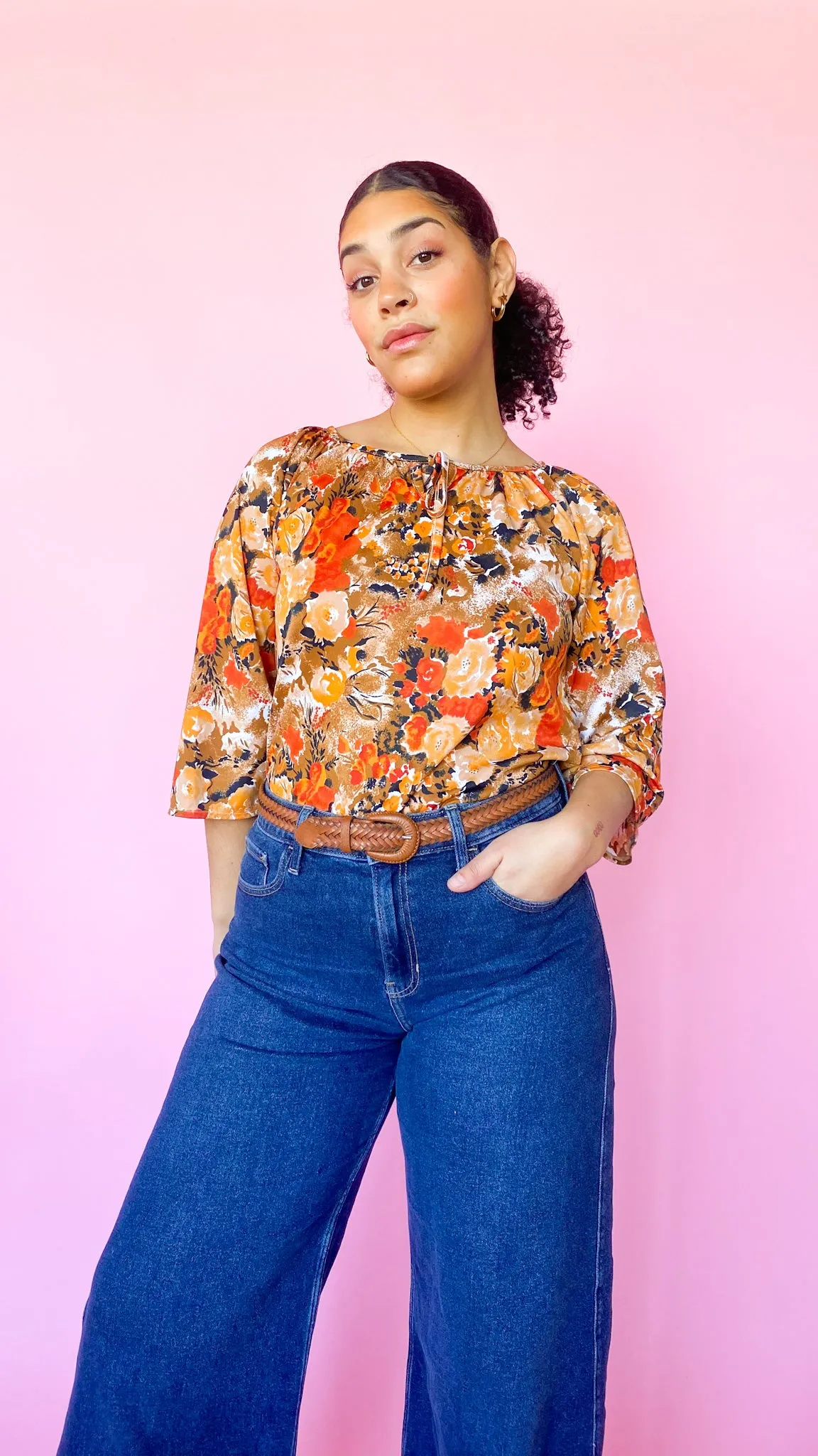 1970s Orange Floral Peasant Top, sz. M