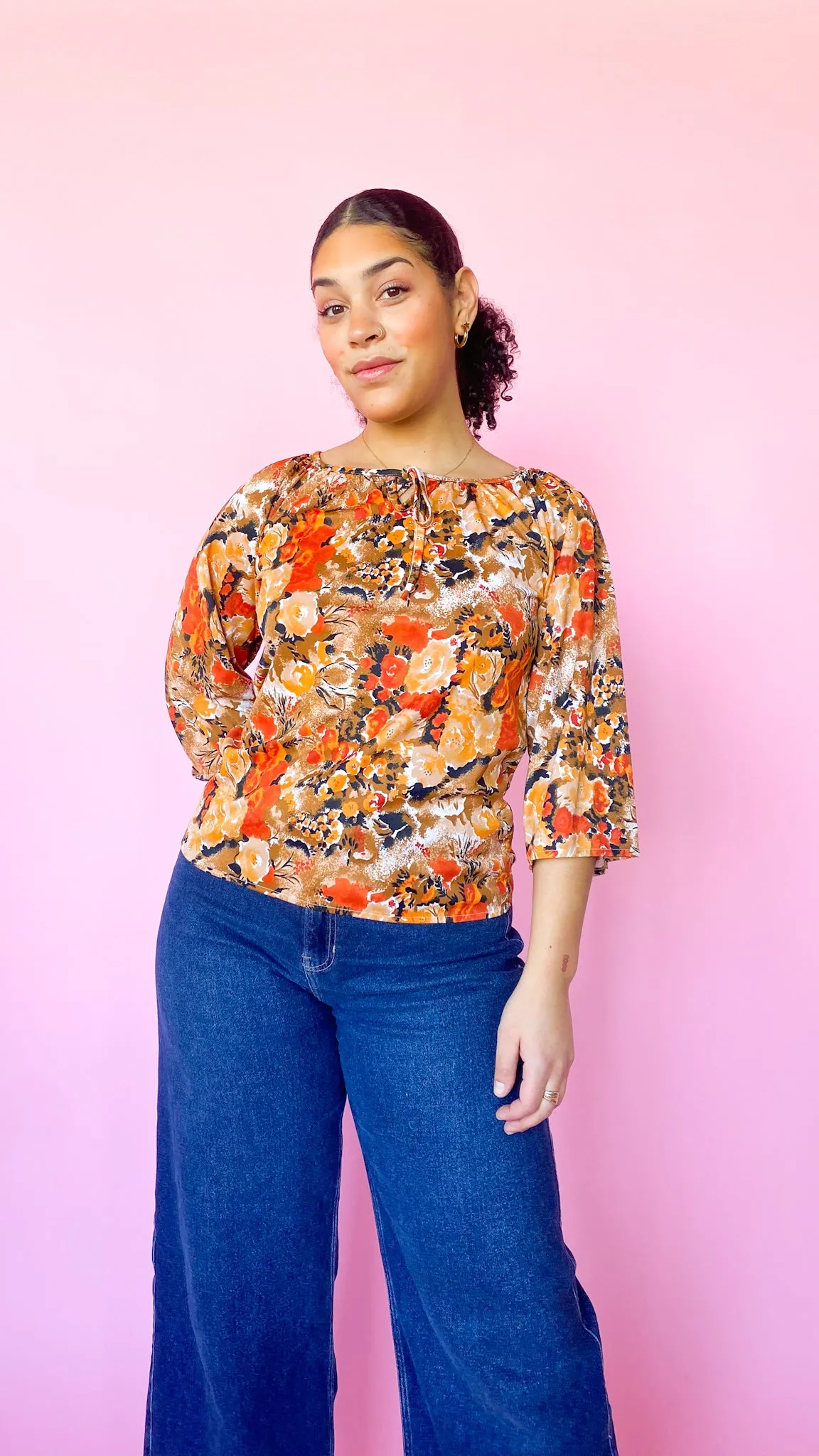 1970s Orange Floral Peasant Top, sz. M