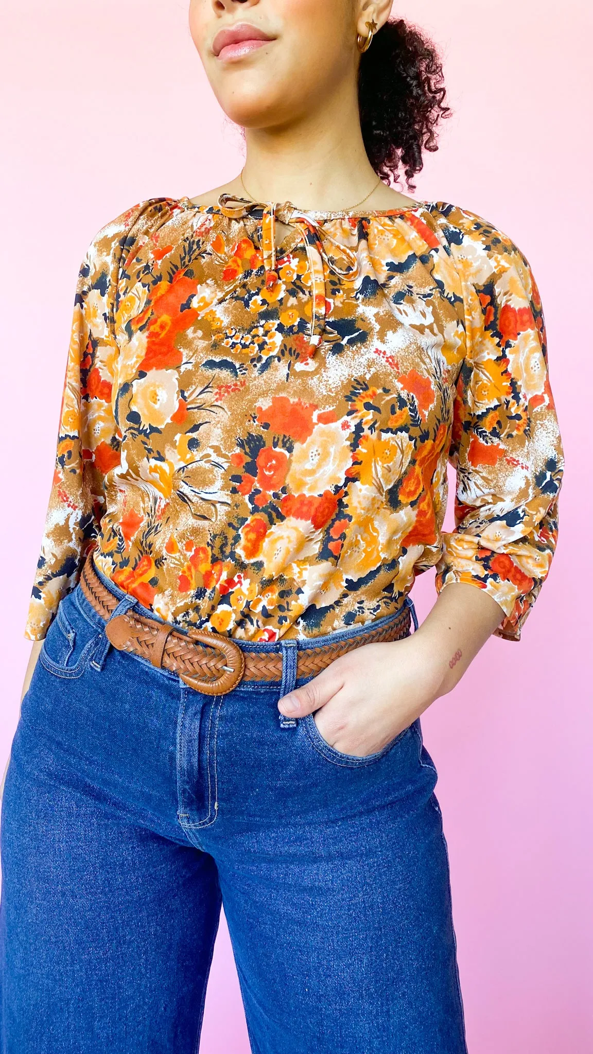 1970s Orange Floral Peasant Top, sz. M