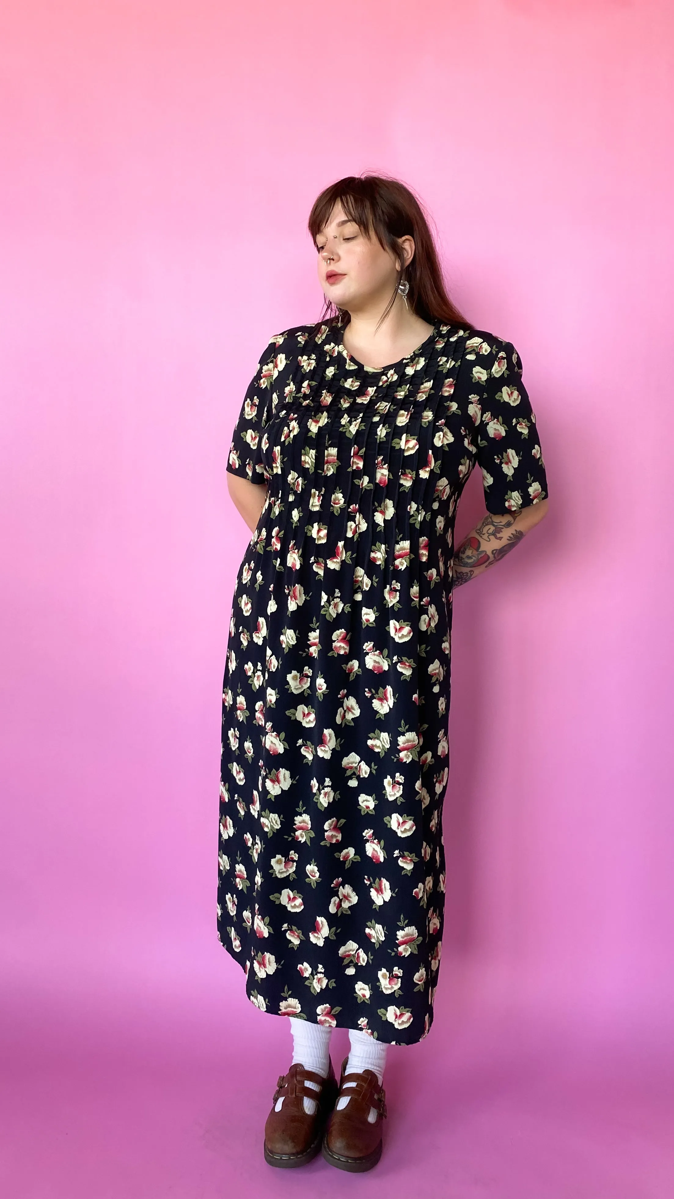 1980s Black Floral Print Dress, sz. 3X