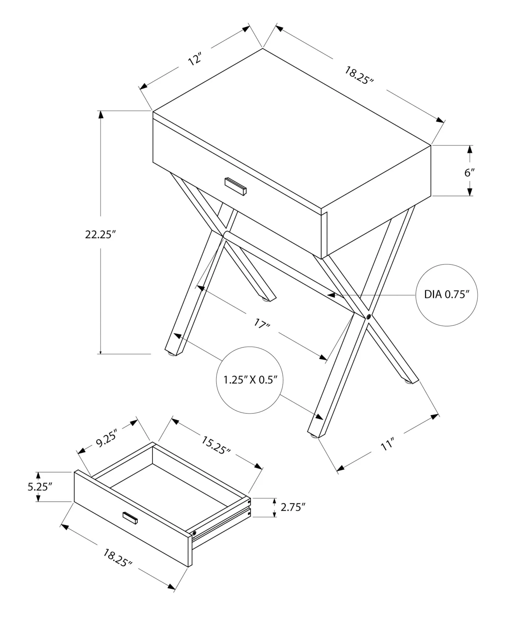 22" Black And Gray End Table With Drawer By Homeroots