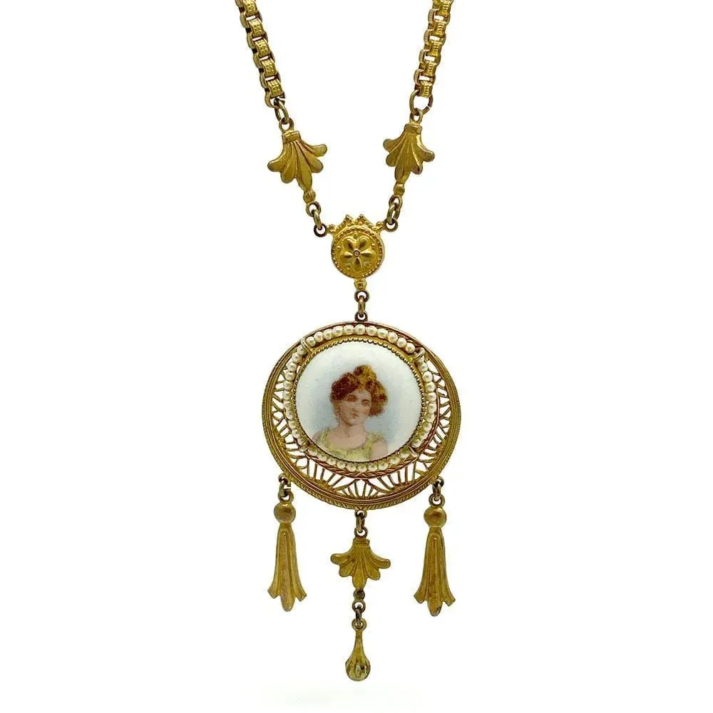 Antique Edwardian Gold Tone Lady Necklace