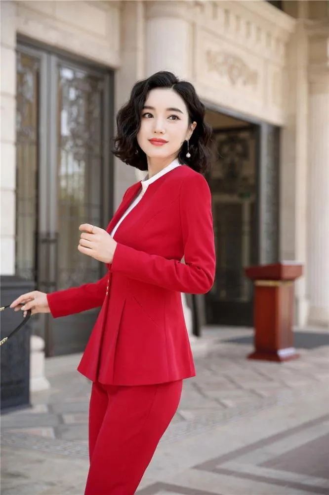 Autumn Winter Wear Red Women's Formal Pantsuit with Pant and Jacket