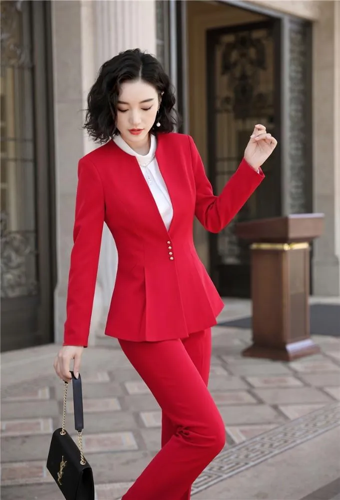 Autumn Winter Wear Red Women's Formal Pantsuit with Pant and Jacket