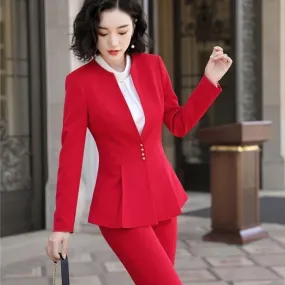 Autumn Winter Wear Red Women's Formal Pantsuit with Pant and Jacket