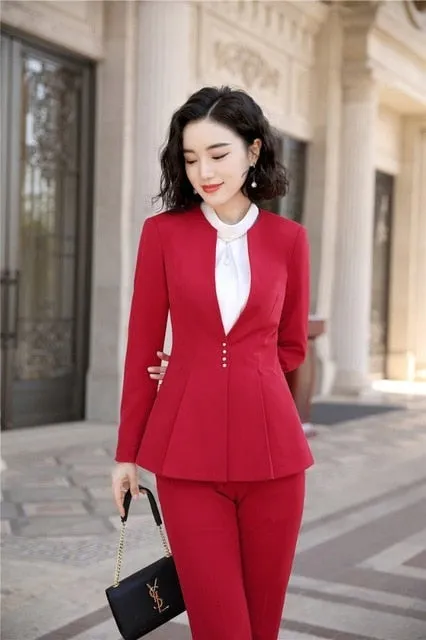 Autumn Winter Wear Red Women's Formal Pantsuit with Pant and Jacket