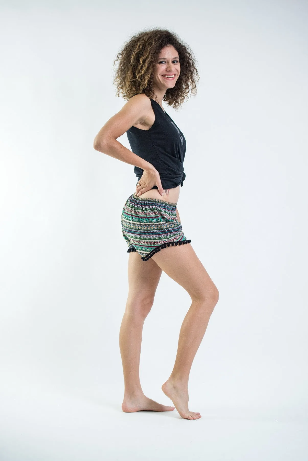 Aztec Stripes Pom Pom Shorts In Aqua/Black