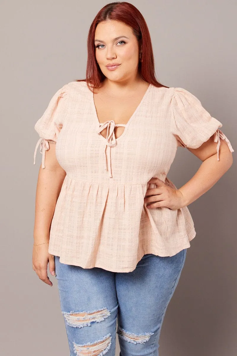 Beige Peplum Top Short Sleeve Tie Front