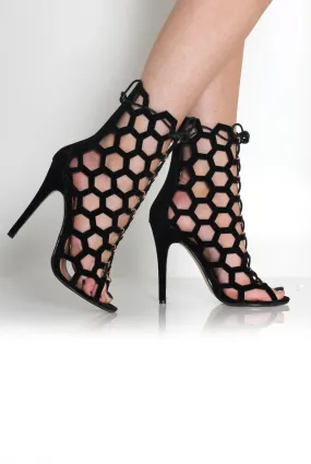 Bella Black Suede Caged Lace Up Heels