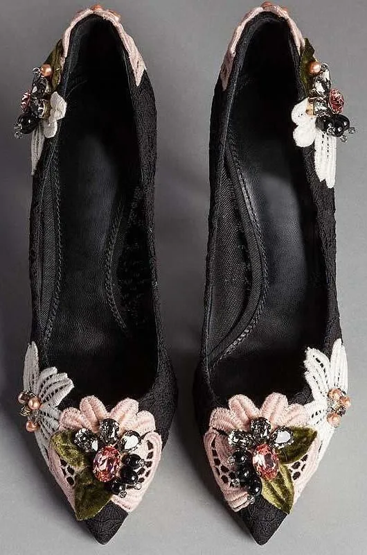 'Bellucci' Embroidered Lace Court Shoes in Black