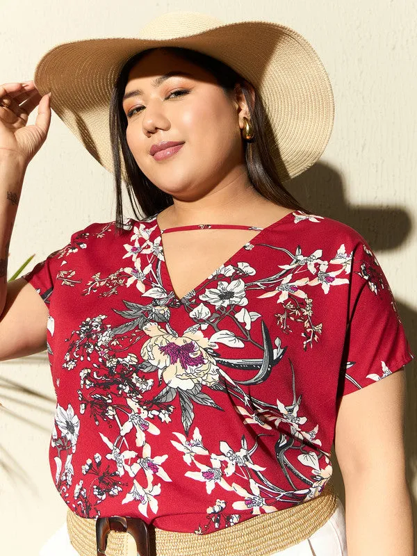 Berrylush Curve Women Red & White Floral Printed V-Neck Woven Front Single-Strip Crepe Regular Top