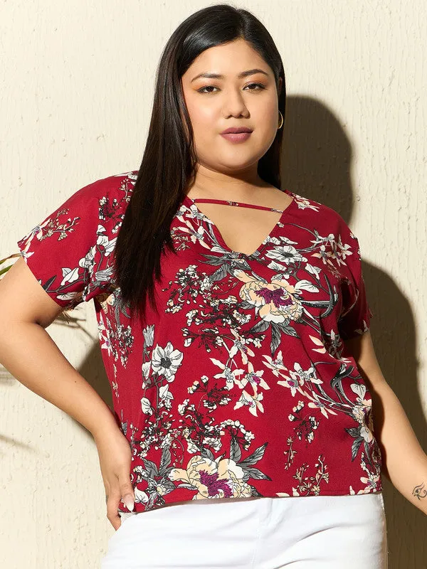 Berrylush Curve Women Red & White Floral Printed V-Neck Woven Front Single-Strip Crepe Regular Top