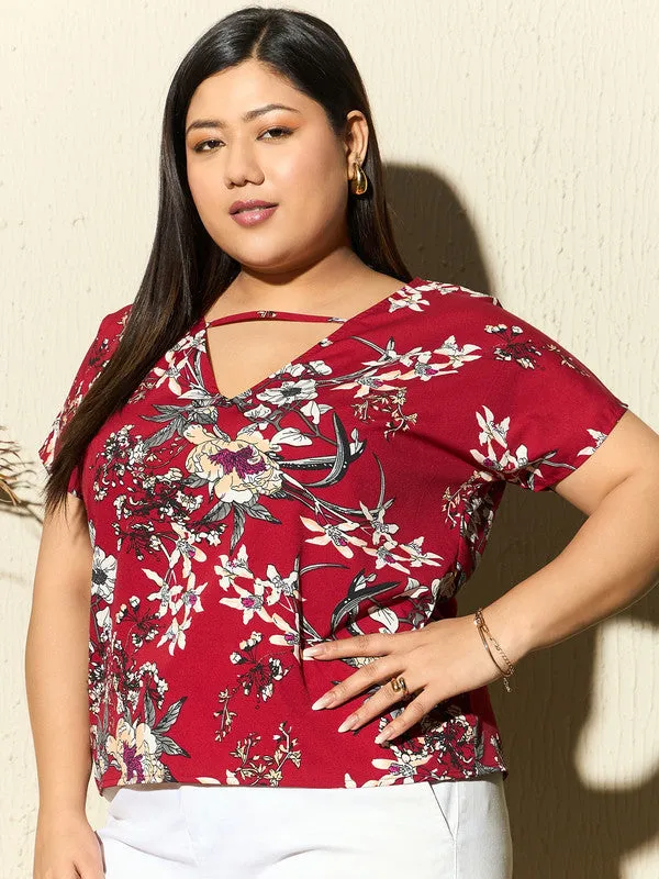 Berrylush Curve Women Red & White Floral Printed V-Neck Woven Front Single-Strip Crepe Regular Top