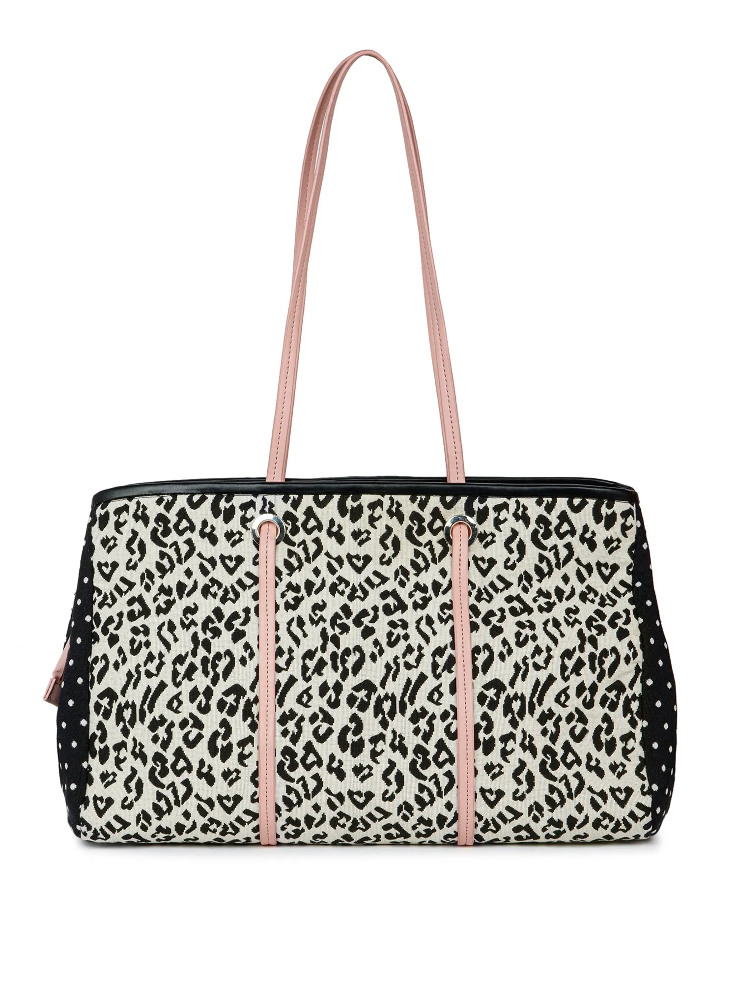 Berrylush Women Beige & Black Animal Printed Fabric Zipper-Up Two-Handles Oversized Tote Bag