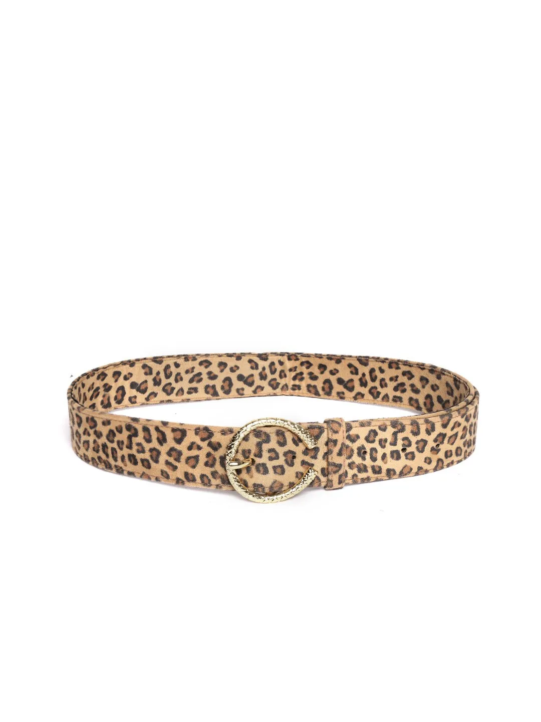 Berrylush Women Beige Leopard Printed Metallic Buckle Belt