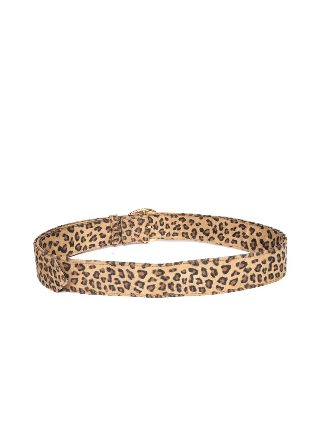 Berrylush Women Beige Leopard Printed Metallic Buckle Belt