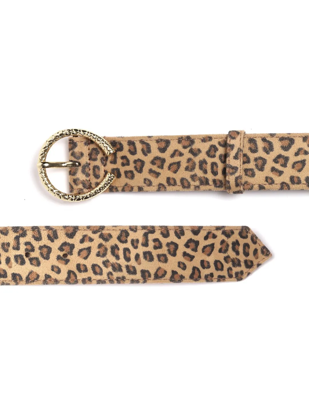 Berrylush Women Beige Leopard Printed Metallic Buckle Belt