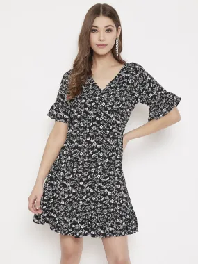 Berrylush Women Black & White Floral Printed V-Neck Bell Sleeve Flared Wrap Mini Dress