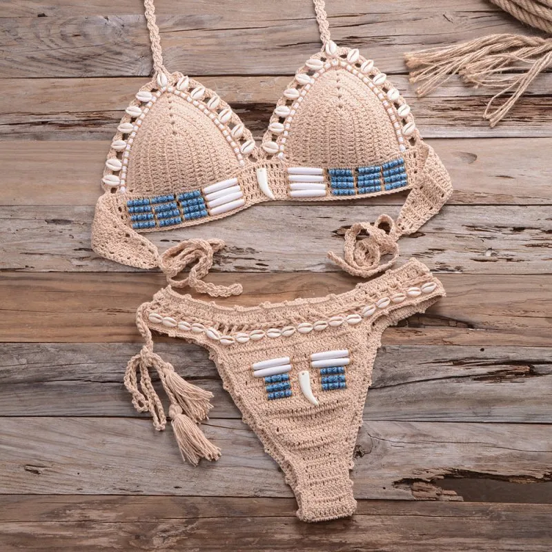 Bikini Women Hand-Knitted Retro Bohemian String Shell Split Swimsuit