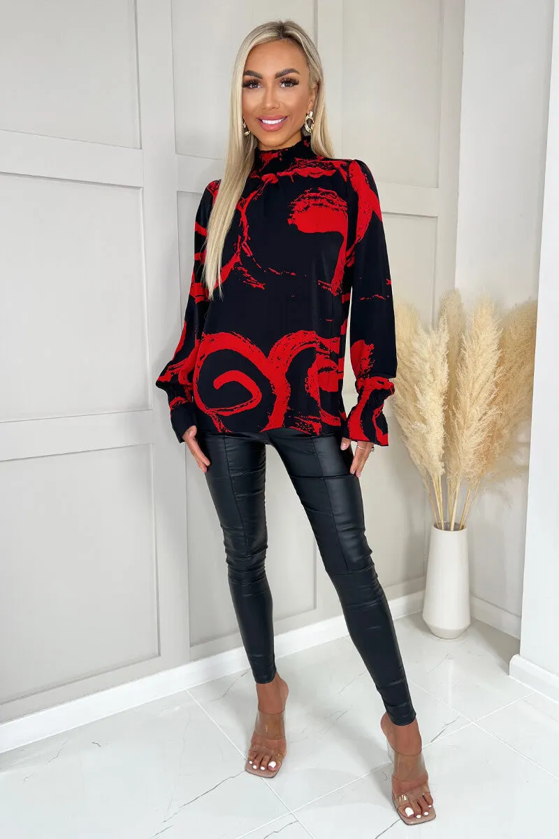 Black And Red Printed Long Sleeve Shirred Detail Top