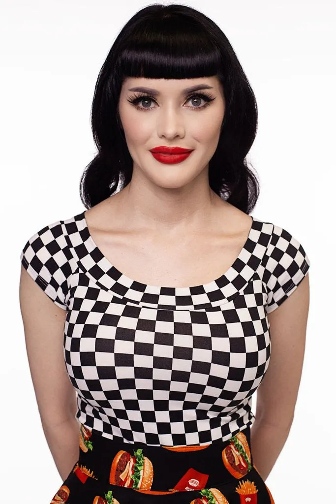 Black and White Checkered Boat Neck Top