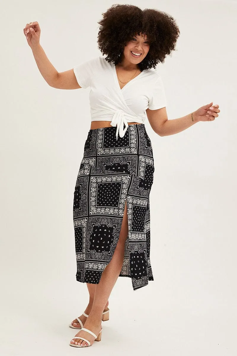 Black Boho Midi Skirt Bias Bandana Print Split