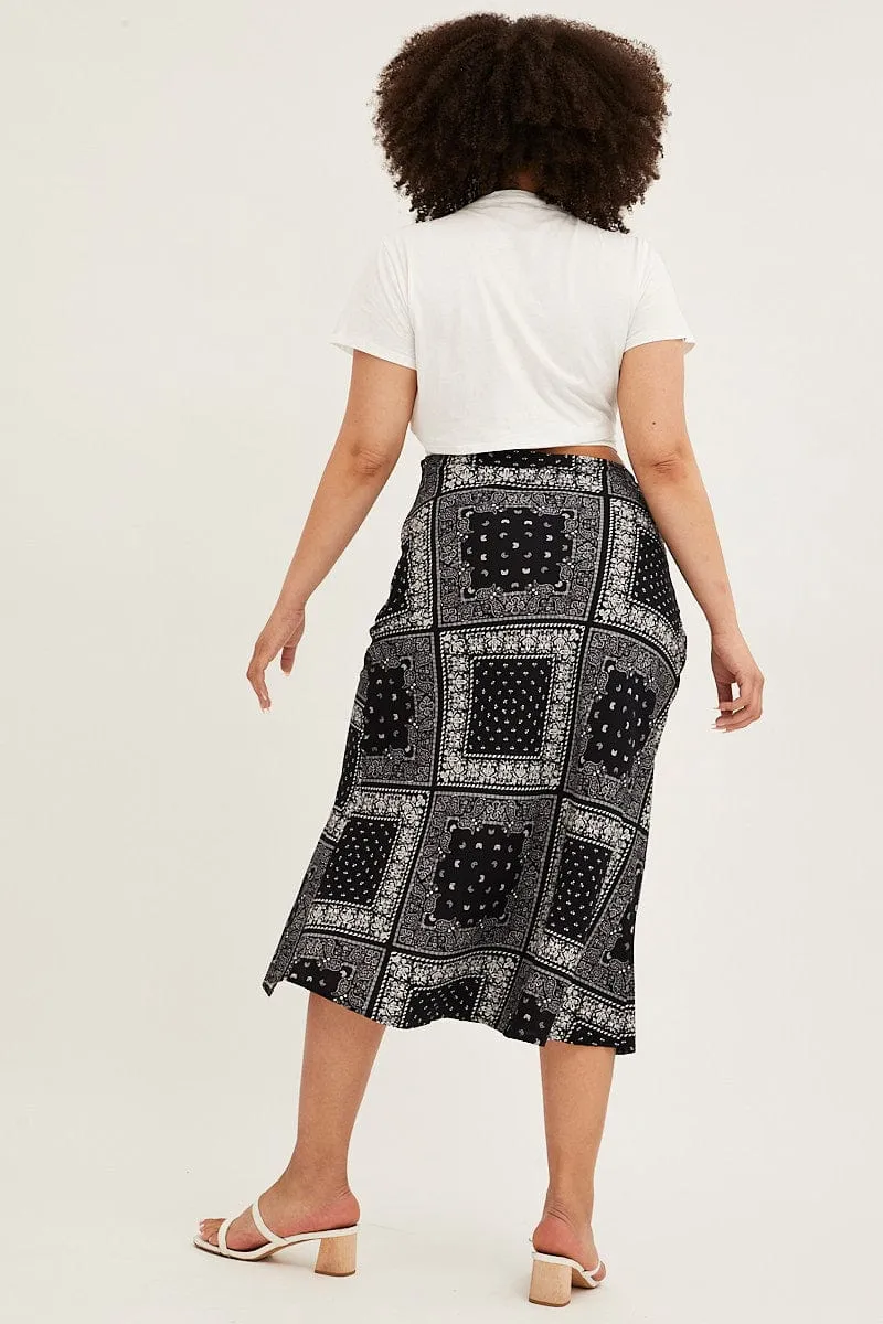 Black Boho Midi Skirt Bias Bandana Print Split