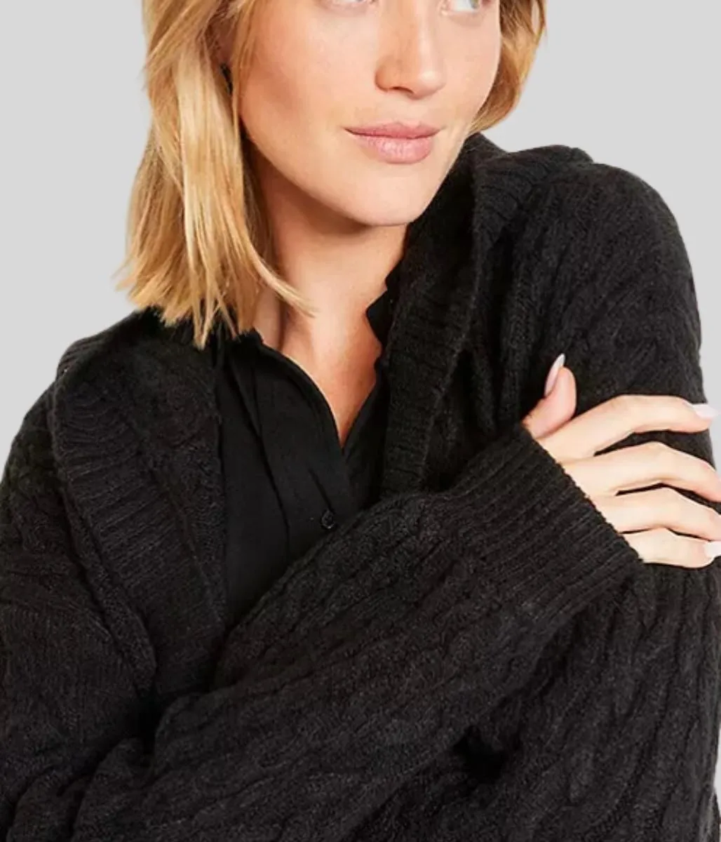 Black Chunky Cable Knit Hooded Cardigan