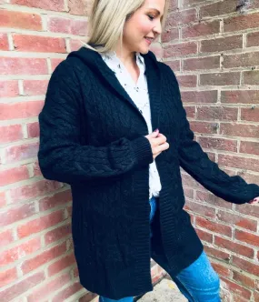 Black Chunky Cable Knit Hooded Cardigan