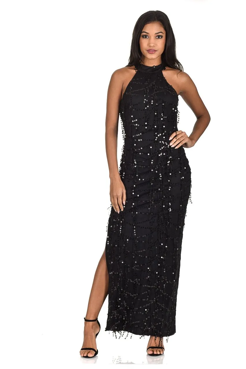 Black Cut In Neck Sequin Maxi Dress