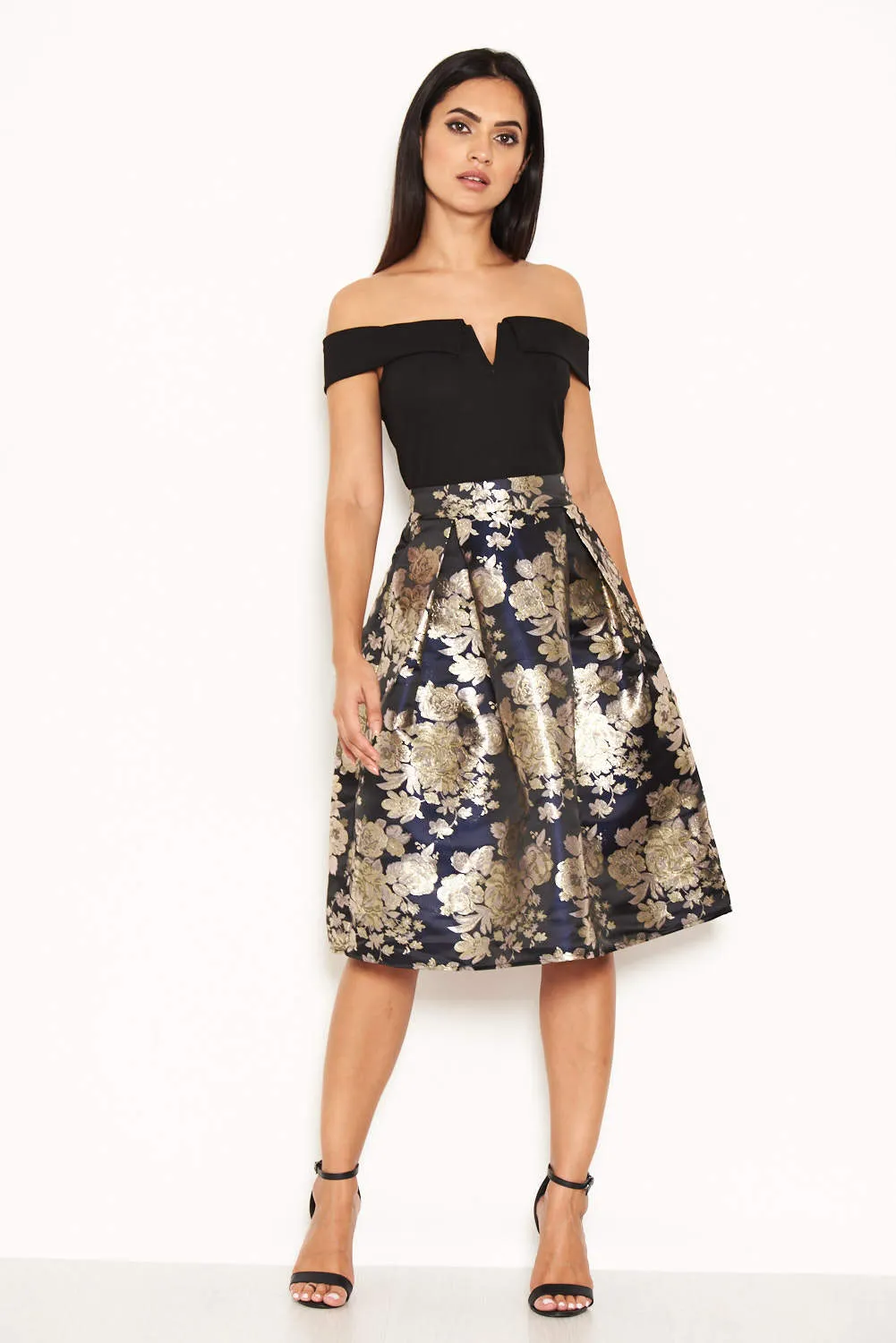 Black Floral Brocade Midi Dress