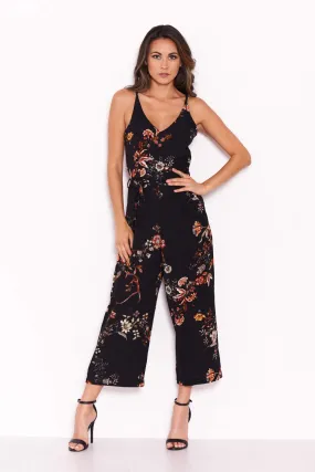 Black Floral V Neck Jumpsuit