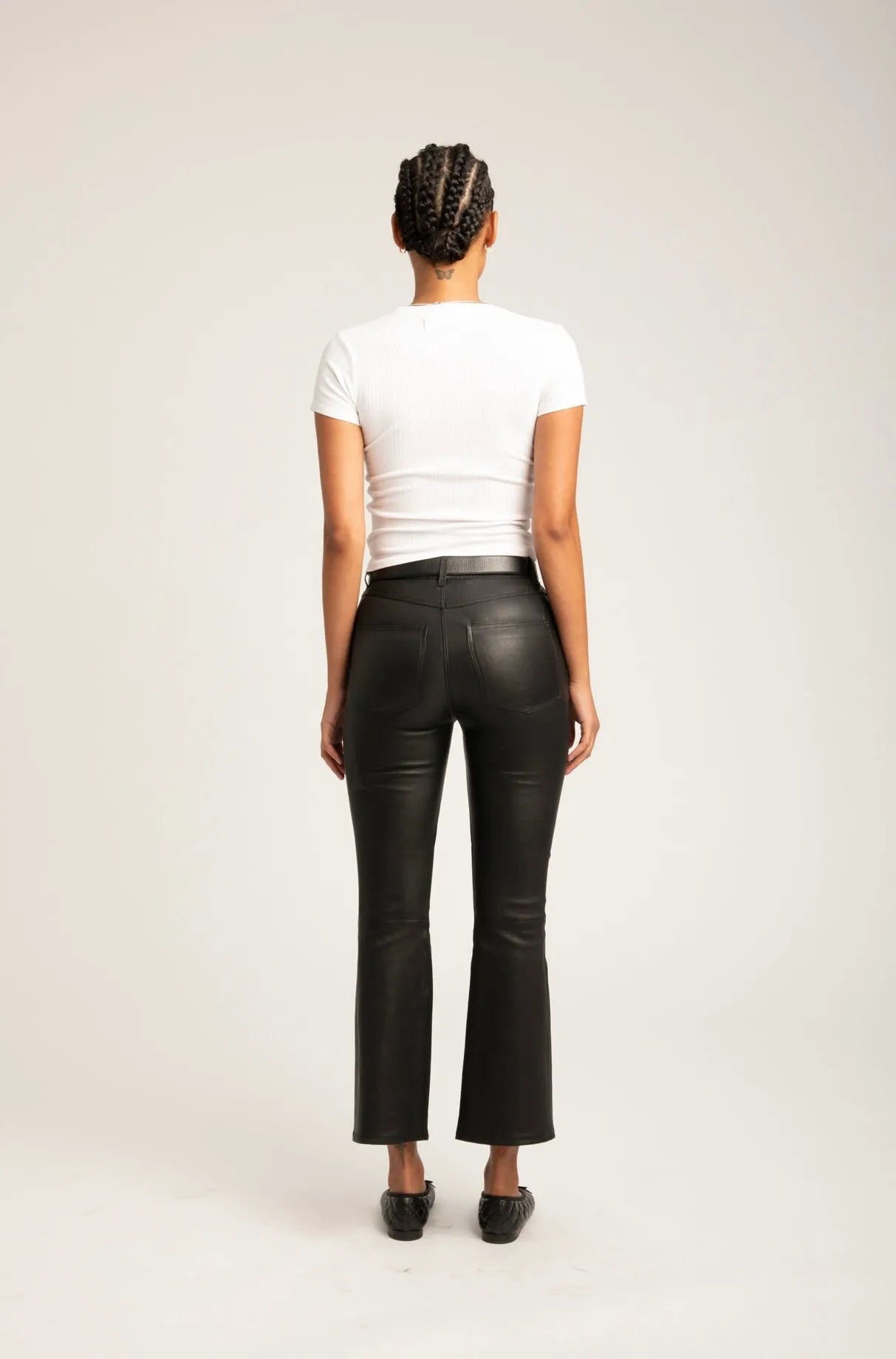 Black Leather 5 Pocket Crop Flare Pants