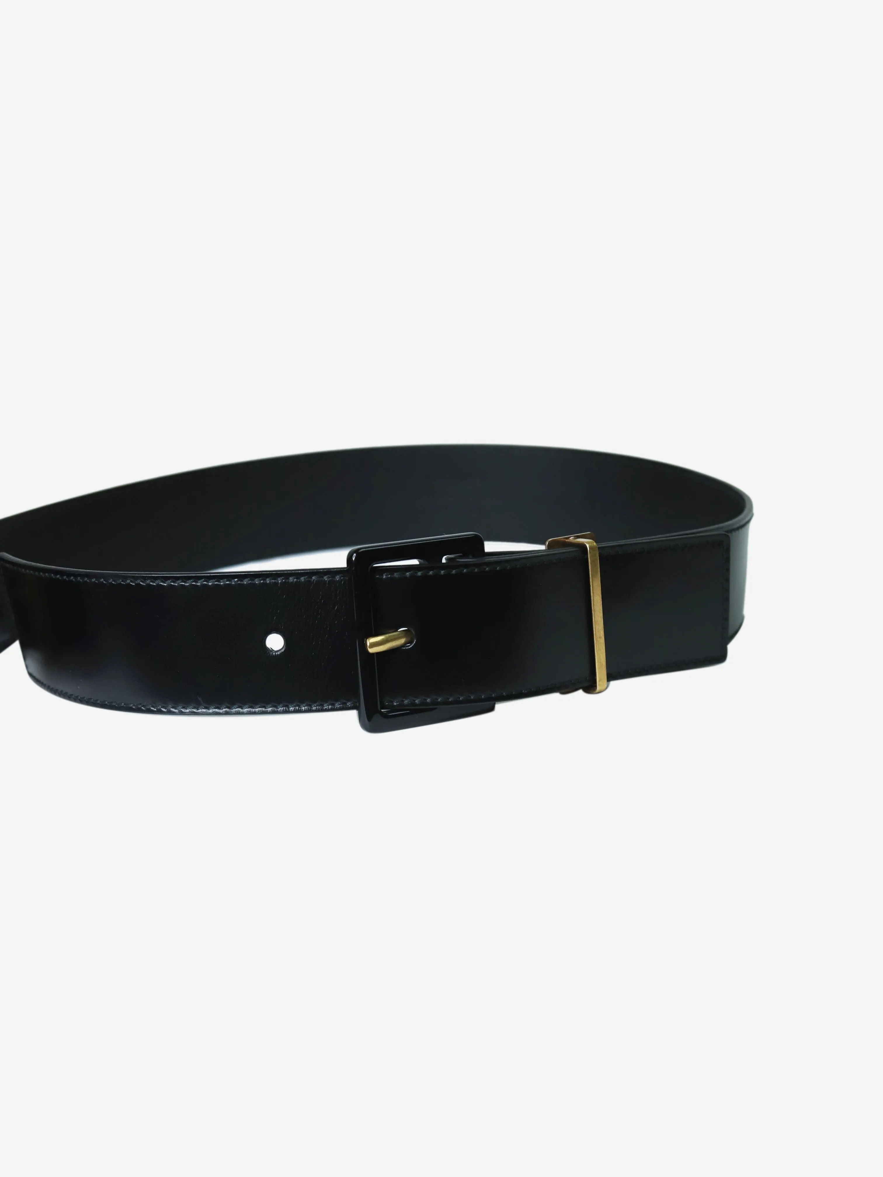 Black leather belt with metal applique - size