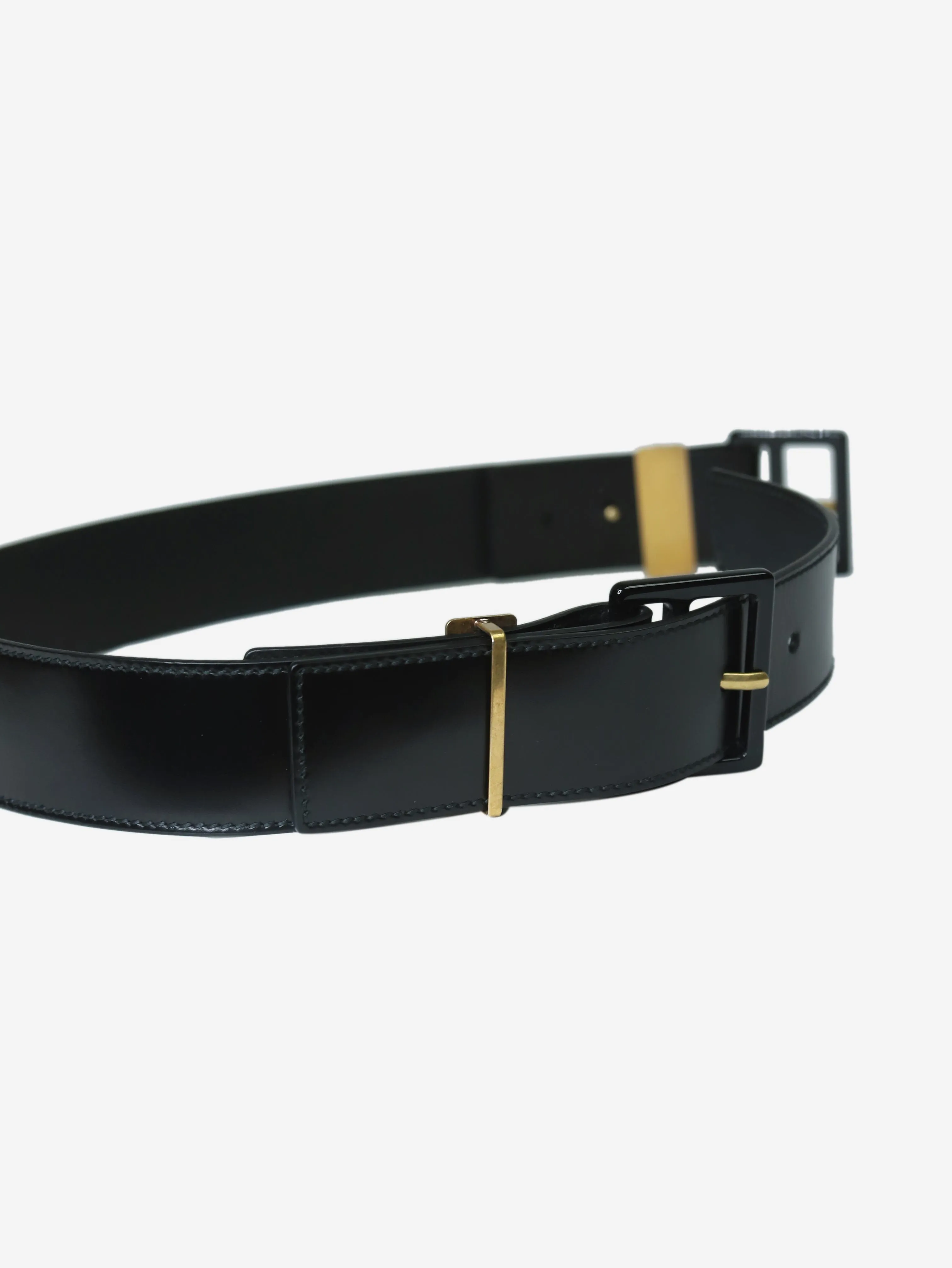 Black leather belt with metal applique - size