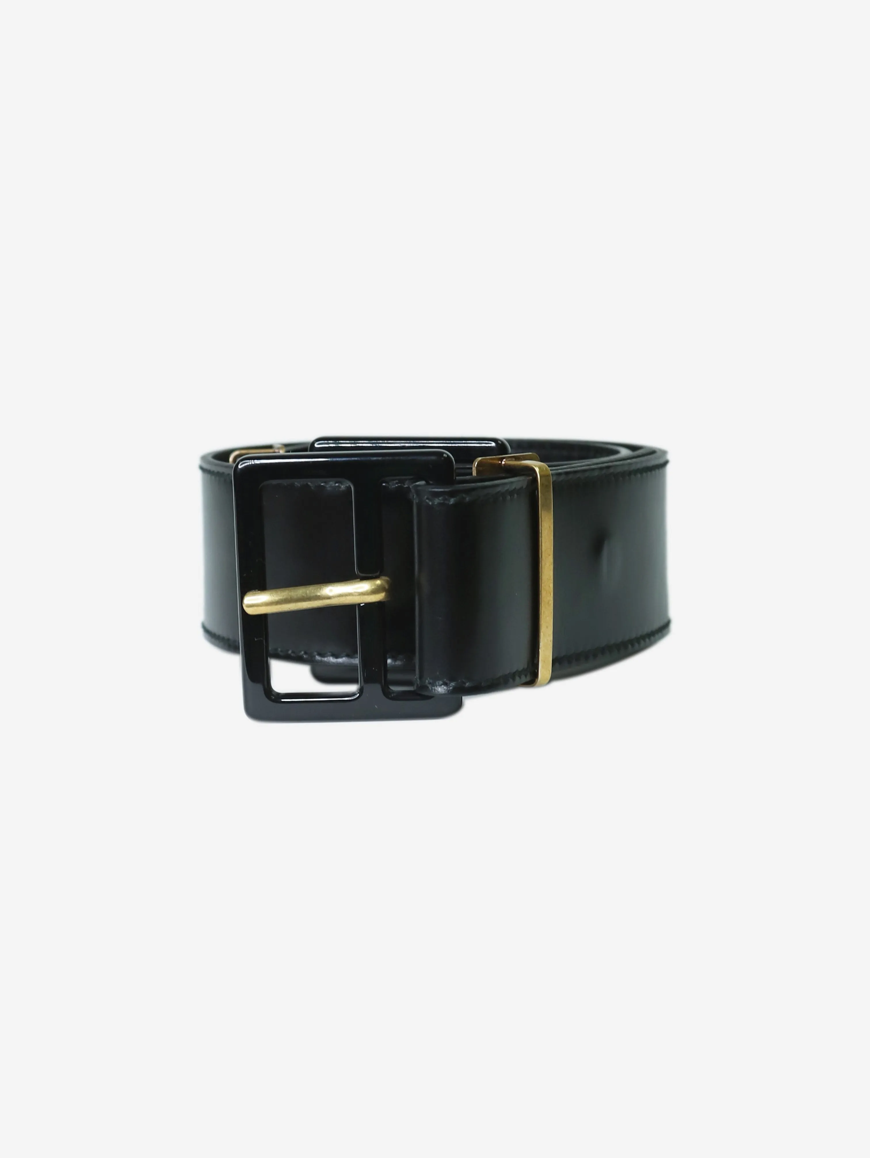 Black leather belt with metal applique - size