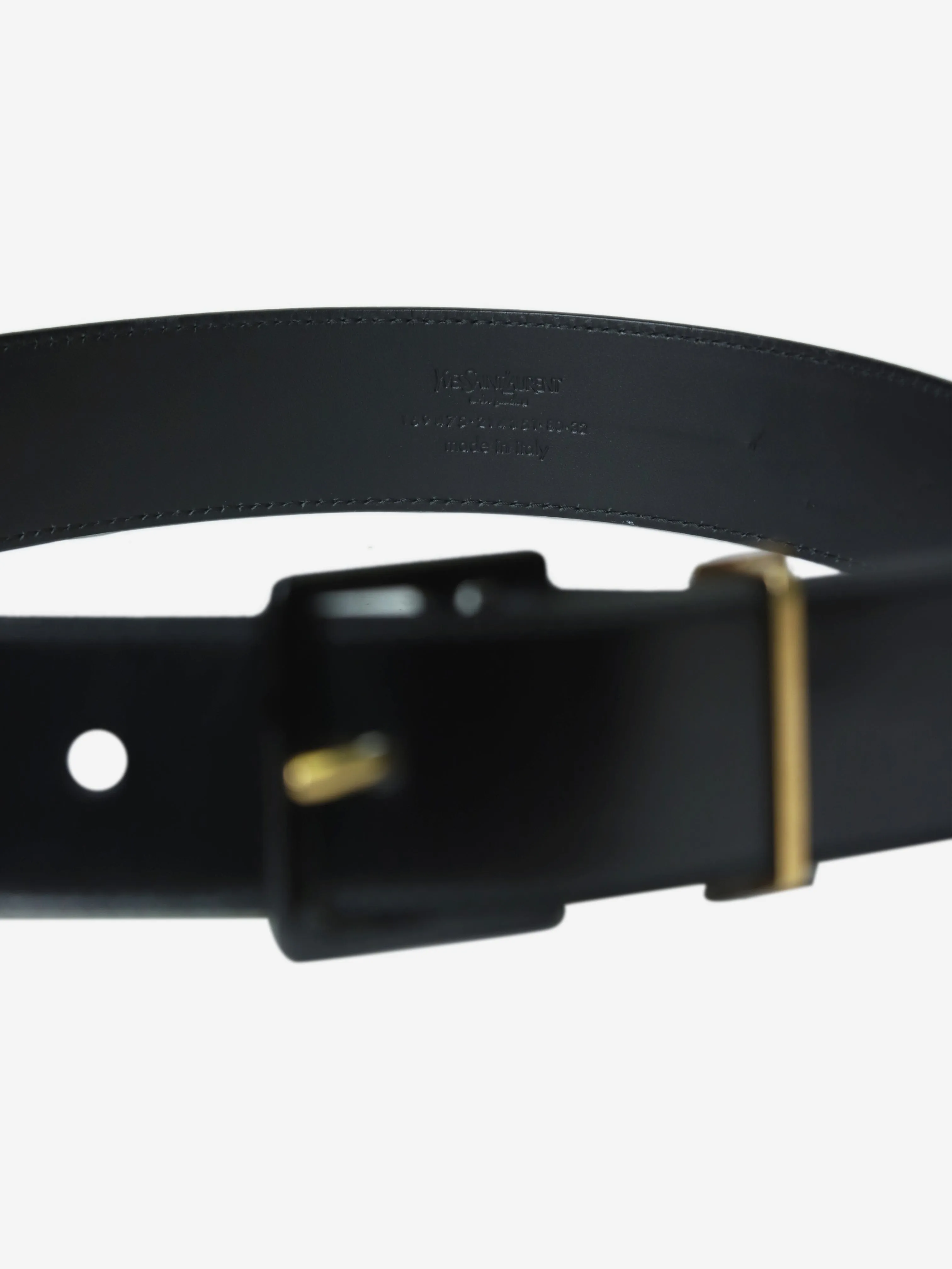 Black leather belt with metal applique - size