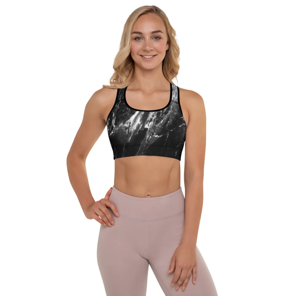 Black Marble Padded Sports Bra, Abstract Marbled Print Women's Gym Bra-Made in USA/EU/MX