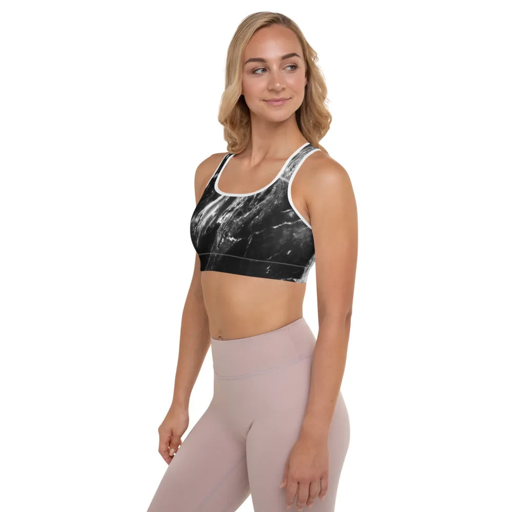 Black Marble Padded Sports Bra, Abstract Marbled Print Women's Gym Bra-Made in USA/EU/MX