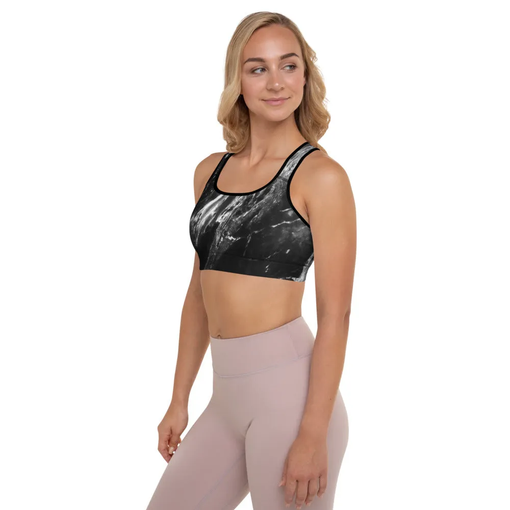 Black Marble Padded Sports Bra, Abstract Marbled Print Women's Gym Bra-Made in USA/EU/MX