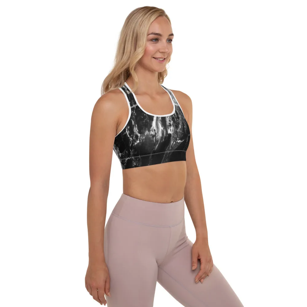 Black Marble Padded Sports Bra, Abstract Marbled Print Women's Gym Bra-Made in USA/EU/MX