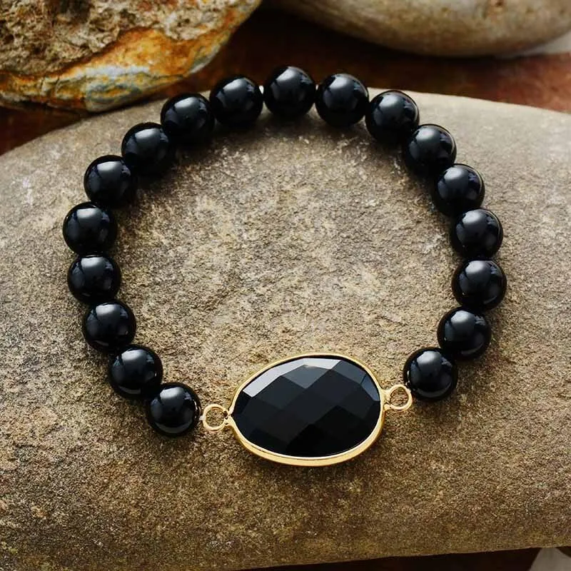 Black Onyx Charm & Beads Stretchy Bracelet