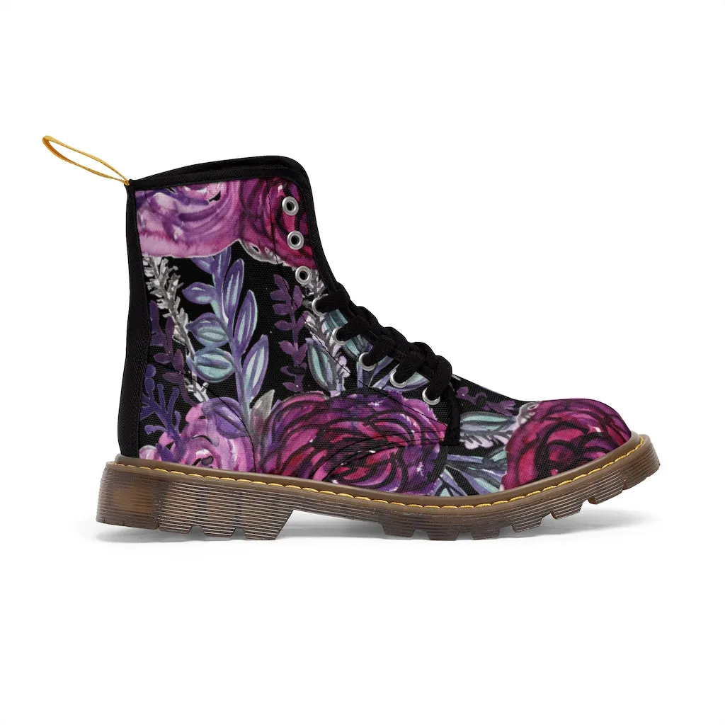 Black Purple Rose Women's Boots, Floral Print Spring Style Winter Combat Lace-up Boots For Ladies