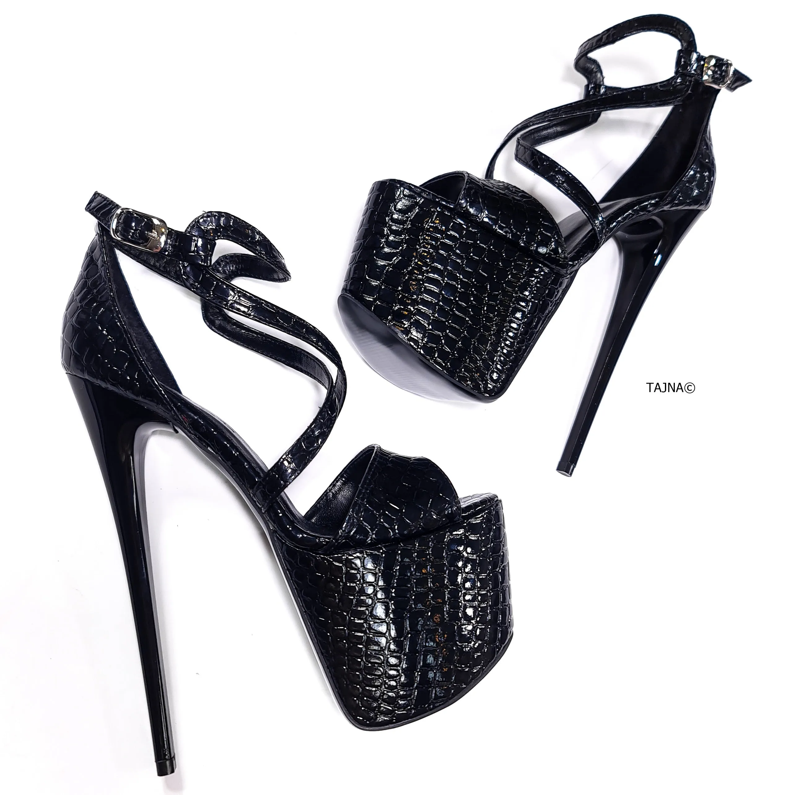 Black Shiny Croco Print High Heel Sandals