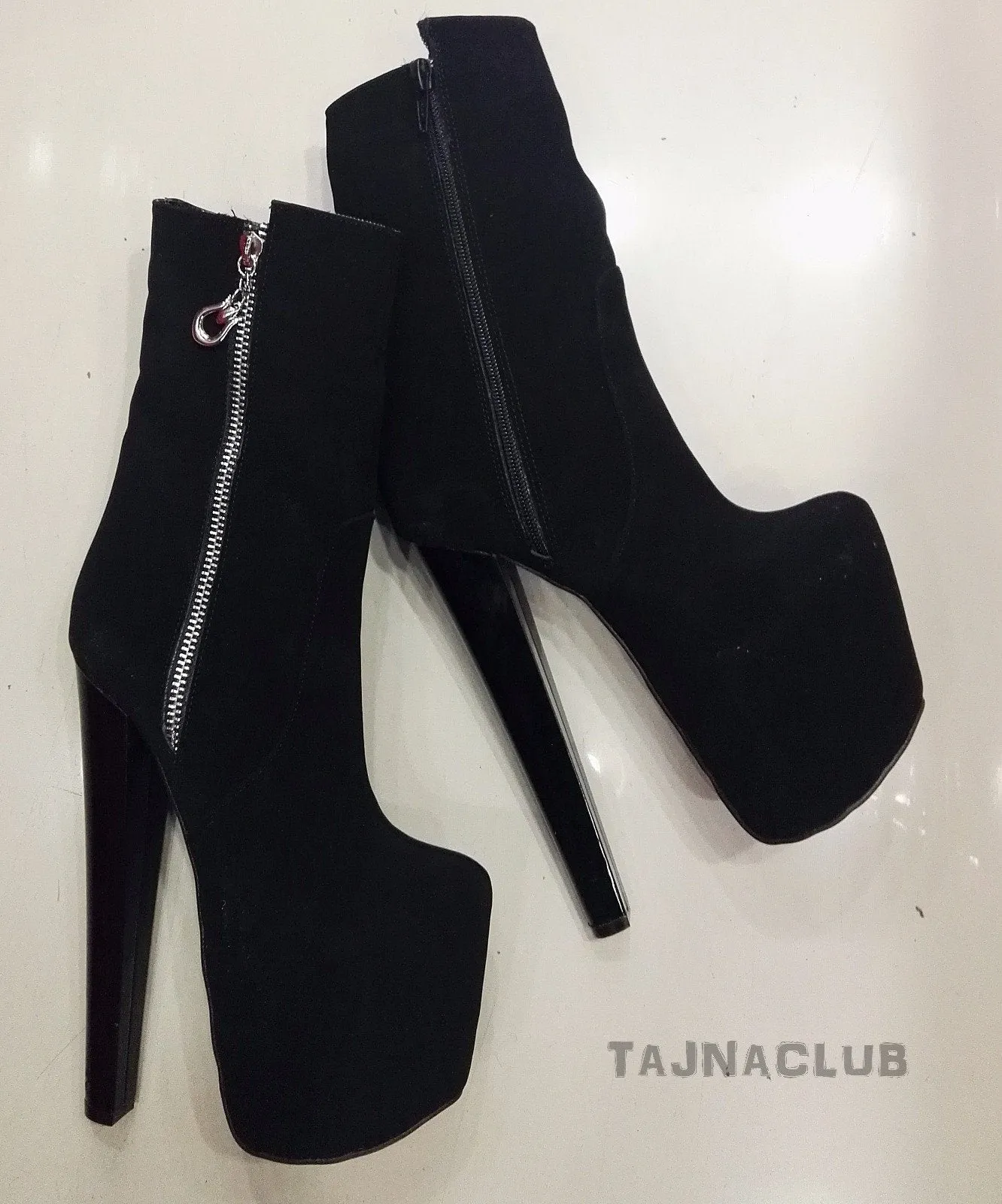 Black Suede Zipper Platform High Heel Boots