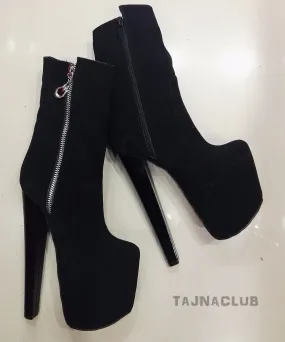 Black Suede Zipper Platform High Heel Boots