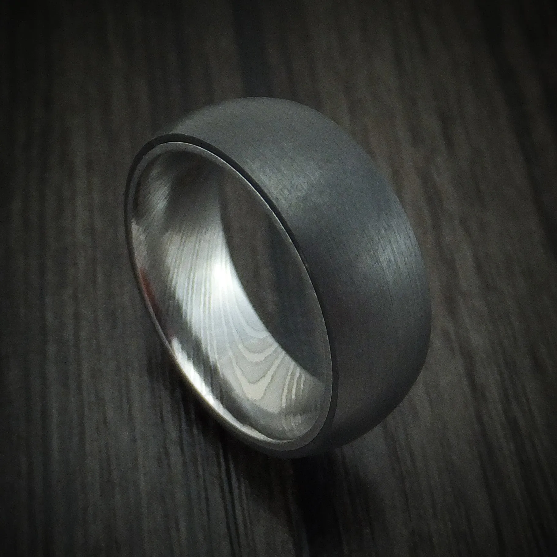 Black Titanium Men's Ring with Damascus Steel Sleeve